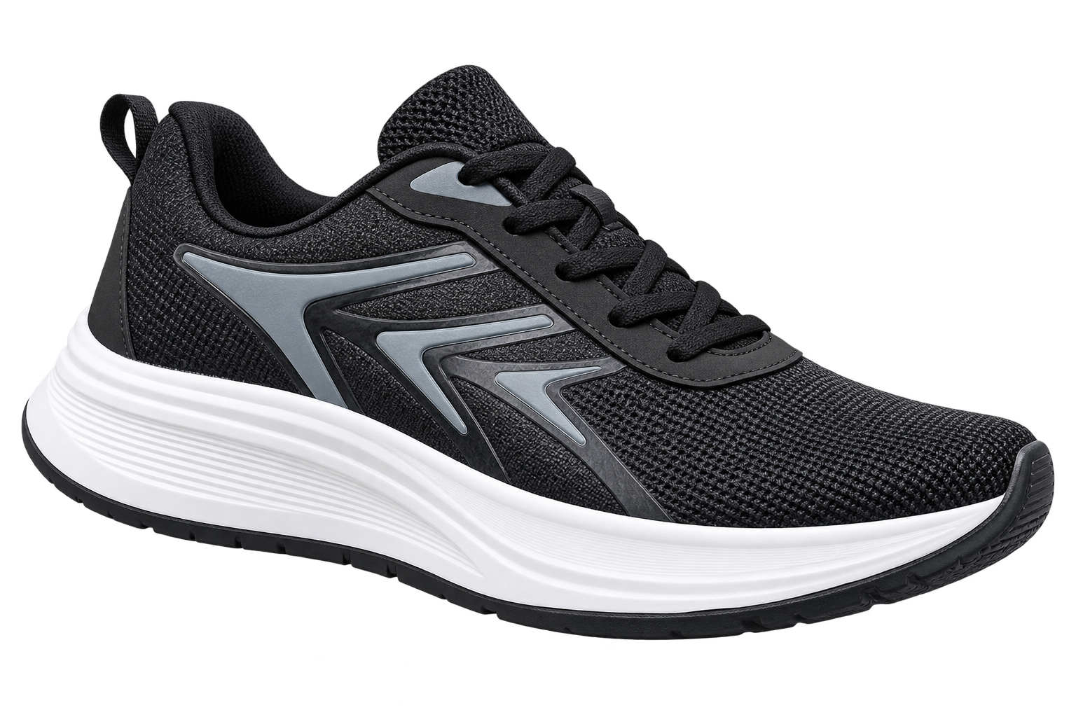 Single black mesh sneaker with a sculpted white sole, presented in a floating three-quarter studio view